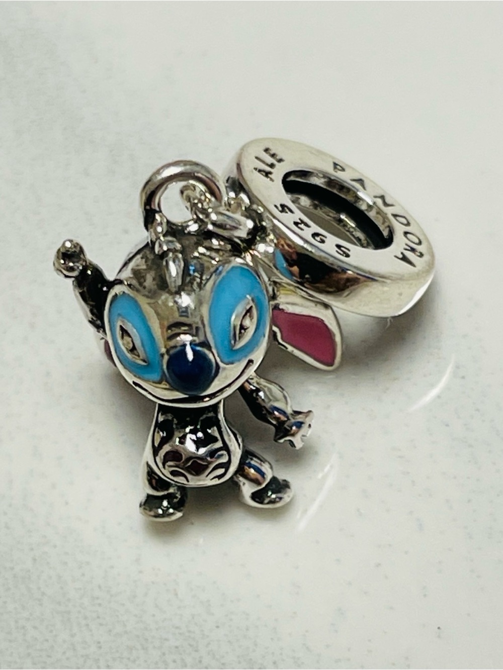 Pandora Silver Stitch Charm with Blue & Pink Enamel Accents